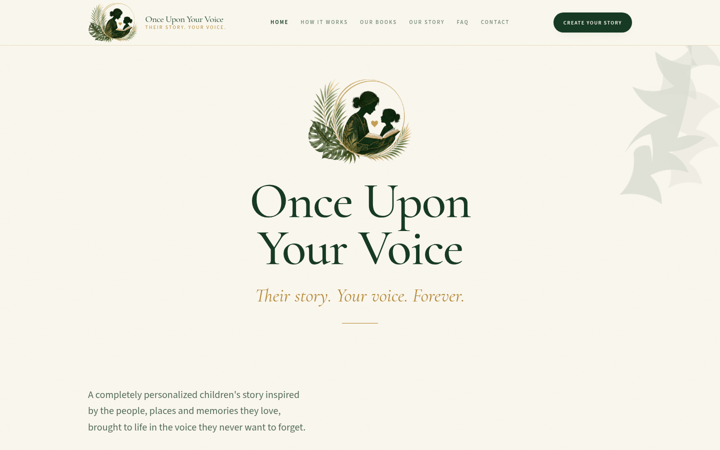 Once Upon Your Voice homepage on a desktop screen, with the story and the voice reading.