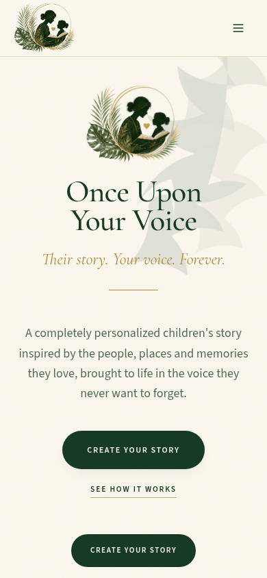 The Once Upon Your Voice homepage on a phone.